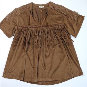 Umgee Soft Faux Suede Fringe Western Top Medium